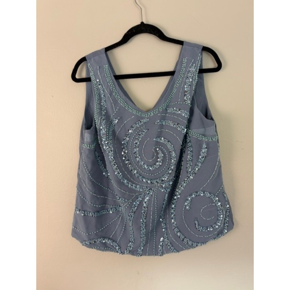 Sequin Beaded Two Piece Set V-Neck Top and Wide Leg Pants Periwinkle Blue